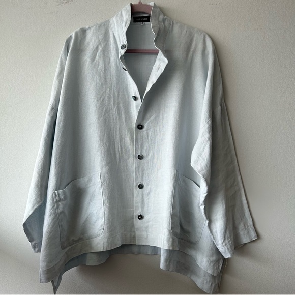 eskandar Tops - Eskandar Light Gray Blue Linen Shirt